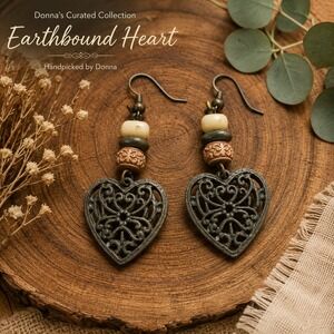 Boho Heart Dangle Earrings Filigree Beaded Rustic Artisan Bronze Tone Fishhook